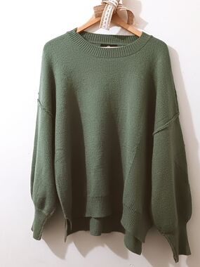 Dancing Yarns Pine Olive Green Side Split Hem Relaxed Oversized Crewneck Sweater